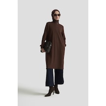 Armine Trend Yarım Fermuarlı Dik Yaka Uzun Kollu Rahat Kesim Basic Uzun Tunik 107 Cm Boy Kahverengi 26kt456