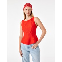 Koton Viskon Kumaş Floral Dokulu Kolsuz Bisiklet Yaka Peplum Bluz Kırmızı 6sak30097pw