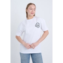 Kadın Oversize Baskılı T-shirt Beyaz Vintage Logo Beyaz