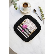 Barok Şıklık Saçaklı Sunum Peçetesi - Çiçekli Art Deco Lüks Siyah Altın Renkli Bardak Altlığı Mendil Soft Göl Petrol