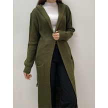 Onno Style Woman Spor Triko Kapşonlu Uzun Hırka Haki