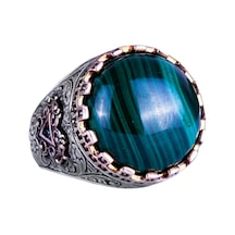 Gerçek Doğal Taş Yüzük - El Yapımı Kral Yüzüğü - 925 Ayar Gümüş Yüzük Malakit Gümüş