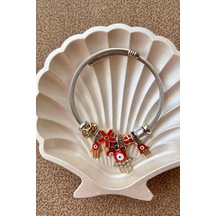 Fubena Kırmızı Nazar Eli Sallantılı Gümüş Renk Çelik Bileklik Çelik