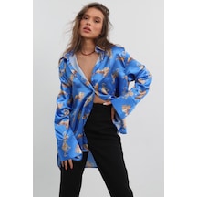 Madmext Mad Girls Leoparlı Mavi Saten Gömlek Mg187-mavi Mavi