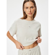 Koton Dokulu Crop Pijama Üstü Kısa Kollu Bisiklet Yaka Rahat Kalıp Vızon Melanj 5wlk40025mk Vizon