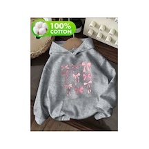 Herkesemoda Kurdeleler Baskı Detaylı İçi Polarlı Kapüşonlu Sweatshirt Gri