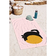 Kedi Figürlü Minimalist Plaj Havlusu - Pudra Siyah Modern Havuz Deniz Hızlı Kuruyan Mikrofiber Havlu Uçuk Tozu