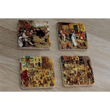 Pieter Brueghel Çocuk Oyunları Ve Eserleri Doğal Taş Bardak Altlığı 4'lü Set - Natural Stone Coasters - Taş Çok Renkli