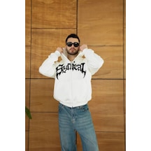 Efnaz Style Erkek Kapüşonlu Sweatshirt Hoodie 3 İplik Şardonlu Pamuklu Kumaş, Önü Baskılı, Fermuarlı Rahat Kalıp, Kışlık Ve Sokak Stili Sweat - Beyaz siyah