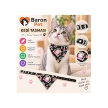 Fularlı Kedi Tasması Siyah Baykuş Çiçek Desenli Metal Halkalı Ayarlanabilir Bandana Kedi Boyun Tasması