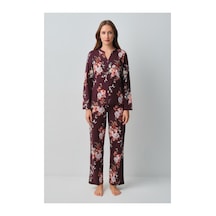 Suwen Mimoza Pamuklu Gömlek Yaka Pijama Takımı Wsh10510154662 Bordo Desenli