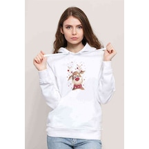 Watercolor Christmas Deer Baskılı Kadın Kapüşonlu Beyaz Sweatshi