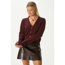 Ritnice Kadın Bold Yumuşak Doku V Yaka Bordo Triko Hırka 70148 Bordo