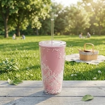 Pipetli Çift Katmanlı Soğuk İçecek Bardağı Boncuklu Tasarımlı Kapaklı Pipetli Bardak 20 Cm, Smoothie Ve Soğuk İçecekler İçin Yeniden Kullanılabilir Bardak Aeropress