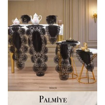 Salon Takımı 5 Parça Keten Masa Örtüsü Runner Seti Çeyizlik Palmiye Model Siyah