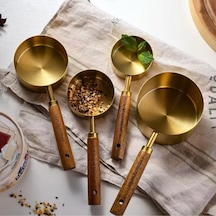 Mucit Home 4 Lü Büyük Boy Gold Paslanmaz Çelik Ahşap Saplı Ölçü Kaşığı Gold