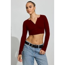 Madmext Bordo Uzun Kollu Düğmeli Kaşkorse Crop Hırka Mg2193 Bordo