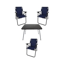Bofigo 60X80 Granit Desenli Katlanır Masa + 3 Adet Katlanır Sandalye Kamp Seti Bahçe Takımı Lacivert