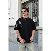 Wear Vexel Erkek Kısa Kol Tişört Bisiklet Yaka Yıldırım Baskılı Oversize T-shirt - Siyah Çok Renkli