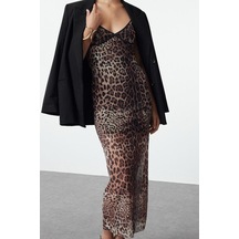 Ersefa Moda Stil Fitted V Yaka Midi Boy Vücuda Oturan Leopar Desenli Tül Kahverengi
