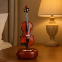 Dekoratif Klasik Keman Figürlü Müzik Kutusu 18 Cm Ahşap Standlı Retro Döner Mekanizmalı Masaüstü Süs Ve Hediyelik