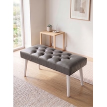Modern Kapitoneli Gri Deri Kumaş Bench Puf Oturma Bankı Ahşap Beyaz Ayaklı Demonte 90x45