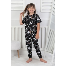 %100 Pamuk Gökkuşağı Desenli Kısa Kollu Manşetli Paça Kız Çocuk Pijama Takımı 3-8 Yaş Siyah