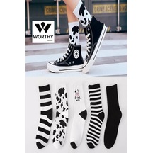 Worthy Socks 5'li Kadın Siyah-beyaz Inek Desenli Çizgili Pamuklu Tenis Kolej Çorap Siyqh-beyaz