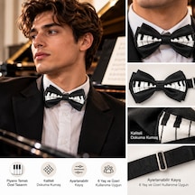 Herşeynota Piyano Tuşları Desenli Papyon Siyah Beyaz Ayarlanabilir Müzik Temalı Unisex Papyon Diğer