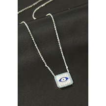 Kare - 685 - Göz Zirkon Taşlı Kolye - Muratech - Gümüş Rengi