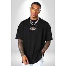 Kırık Duvar Kaplan Siyah Oversize Unisex Ön Orta Minimal Baskılı Tişört Siyah