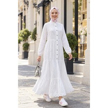 Hb Harma Time Butik Kadın Düğmeli İçi Astarlı Güpür Kumaş Tesettür Elbise Beyaz Beyaz