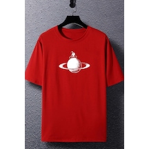 Unisex Astronaut Rides Baskılı T-shirt Kırmızı