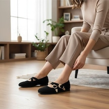Ne&ve Shoes Siyah Süet Hakiki Deri Çapraz Bantlı Aksesuar Detaylı Kadın Yuvarlak Burun Babet