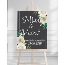 Söz Nişan Düğün İçin 50x70 Karşılama Panosu - Siyah Ve Gold Çiçek Temalı 05 Beyaz
