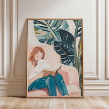 Beyaz Kediyle Kitap Okuyan Kız Posteri Botanik Temalı Oturma Odası Sanat Baskısı