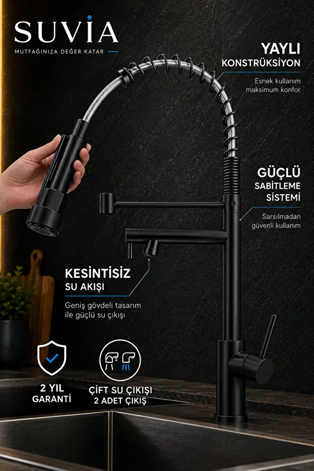 Endüstriyel Mutfak Bataryası Profesyonel Yaylı Spiralli Çift Su Çıkışlı Esnek Eviye Musluğu Siyah