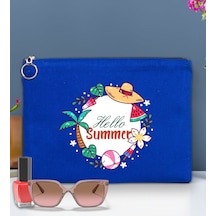 Bk Gift Yaz Temalı-4 Astarlı Mavi Portföy Çanta 30x21cm, Baskılı El Çantası, Organizer Çanta