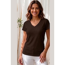 Thiff Gymwear Kadın Kısa Kollu V Yaka Basic Tişört T-shirt Kahverengi