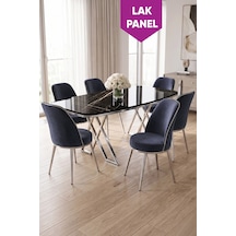 Peras Serisi 90x160 Lak Panel Siyah Mermer Desen Krom Ayaklı Masa Takımı 6 Sandalye Siyah Mermer - Antrasit