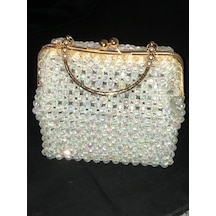 Clutch,, Boncuk Abiye Çanta Beyaz