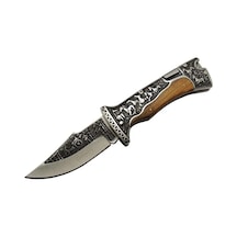 A3189c Kahve Kamp Çakısı 23cm- Manuel, At İşlemeli Ahşap Sap, Özel Kutulu, Kılıflı