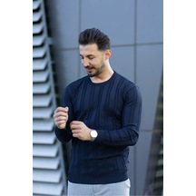 Hk Premium Kazak Fitilli Bisiklet Yaka Slim Fit Triko Lacivert