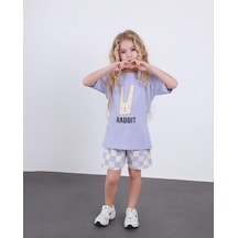 Cg Kids Rabbit Tavşan Baskılı Tshirt & Damalı Şort Lila Alt Üst Takım Süper Kalite Mor - Lila