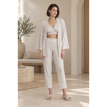 Loule Kadın Bej Melanj Kimonolu Penye Pijama Takımı Braletli 3 Parça