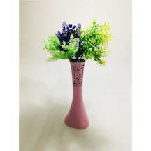 Uzun 40cm Pembe Desenli Mor Yeşil Tonları Yapay Çiçekli Vazo