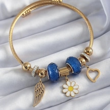 Çelik Gold Renk Mavi Kristal Taşlı Papatya Figür Zirkon Taş Detay Charm Model Kadın Bileklik 2793-2 Gold