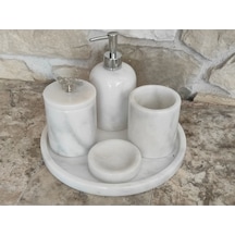 Beyaz Gri Damarlı Mermer Kelebek Gümüş Rengi Aksesuarlı 5'li Banyo Seti Beyaz
