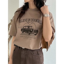 Flood Of Style Kadın Açık Kahve Belıeve Baskılı Bisiklet Yaka Tshirt Lacivert