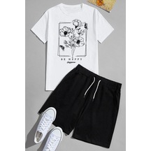 Uyguntarz Unisex Be Happy Baskılı Şort Takım Beyaz